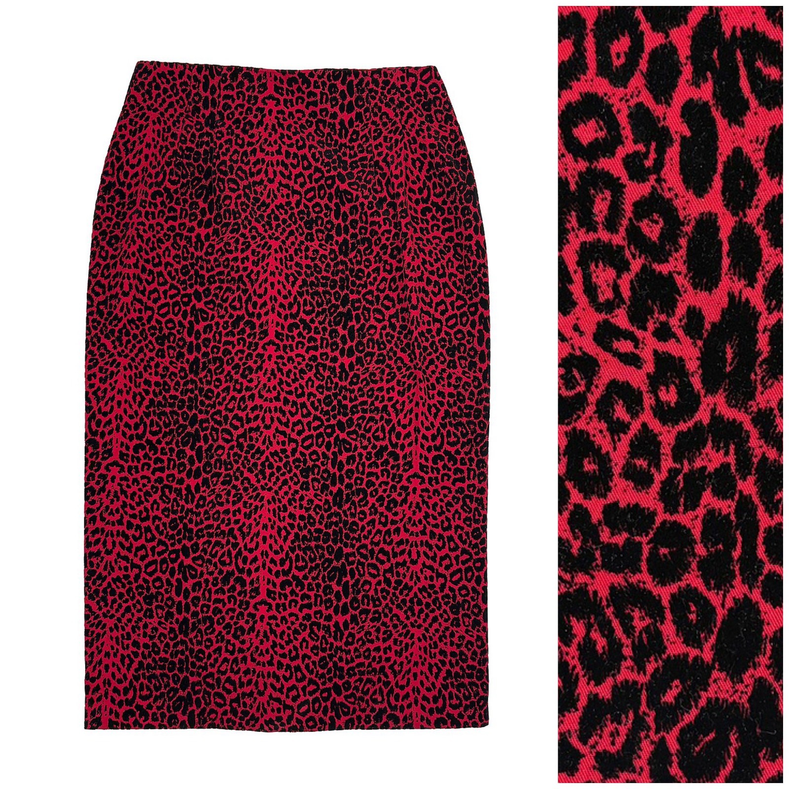 Vintage Wildlife Sportswear Velvet Burnout Midi Pencil Skirt 10 Red Leopard 90s