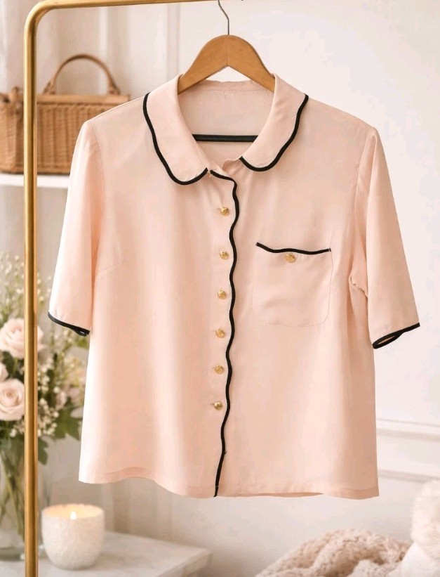 Vintage Blush Pink Button Front Gold CC Buttons Black Trim Sz L *READ*