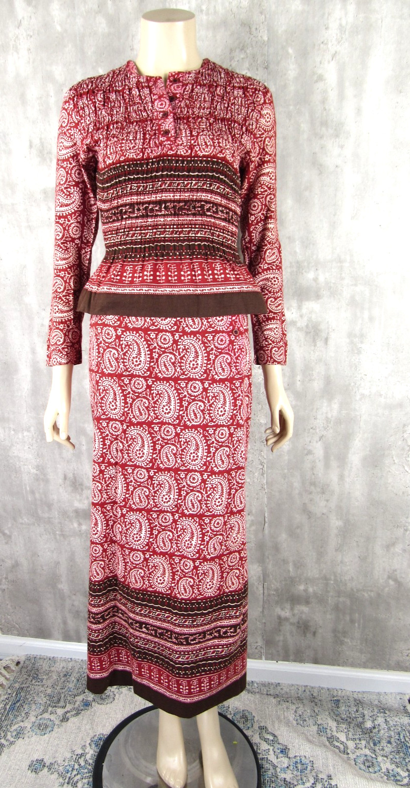Vintage 70s Bonwit Teller 2pc India Hand Block Cotton Top Wrap Skirt Small