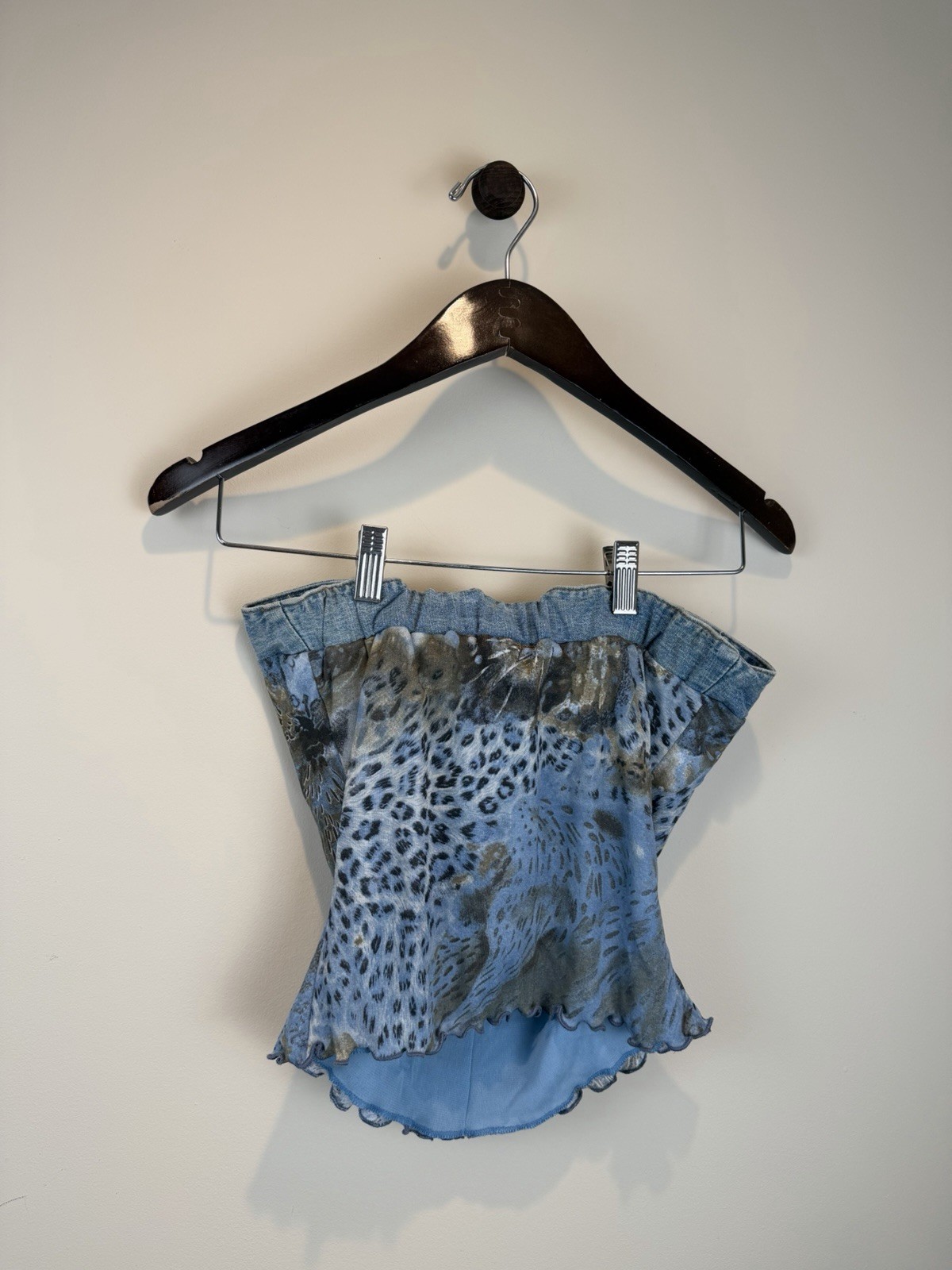 Vintage Y2K XOXO Denim Blue Leopard Print Belted Keyhole Tube Top Size Small