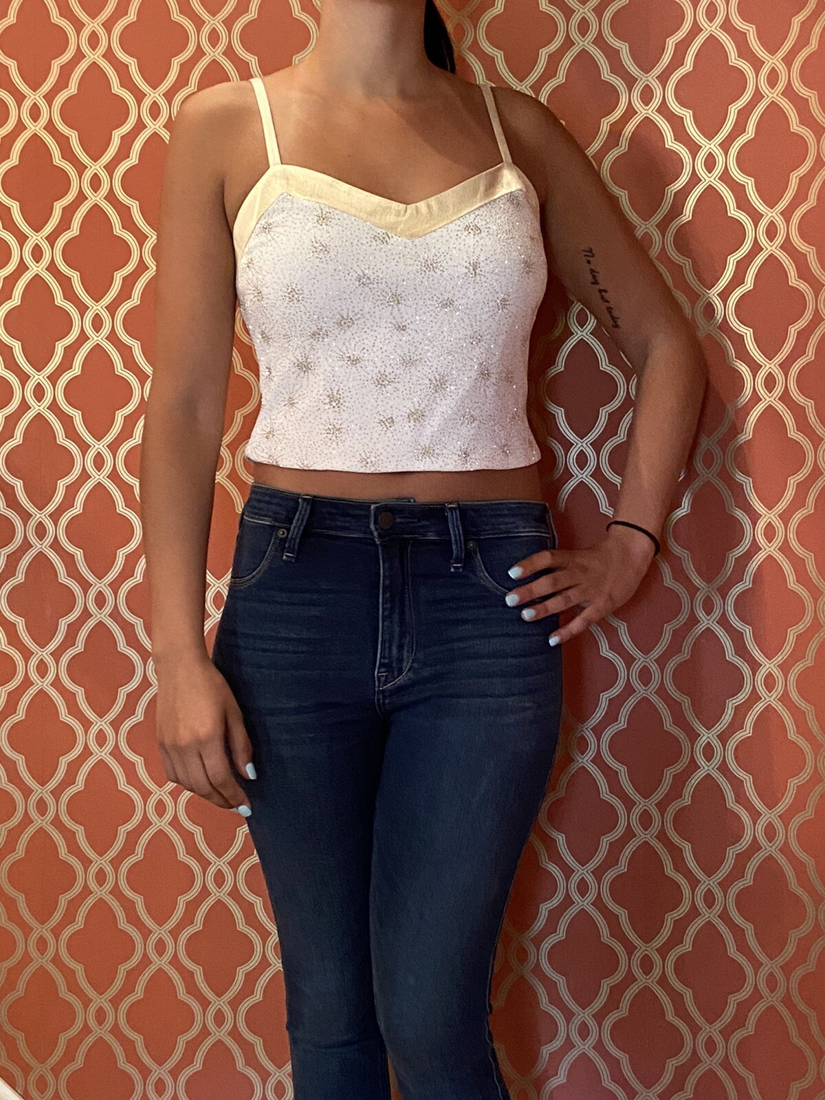 Vintage Y2K Bari Jay Silver Gold And White Cami Crop Top -Small Size 7-8