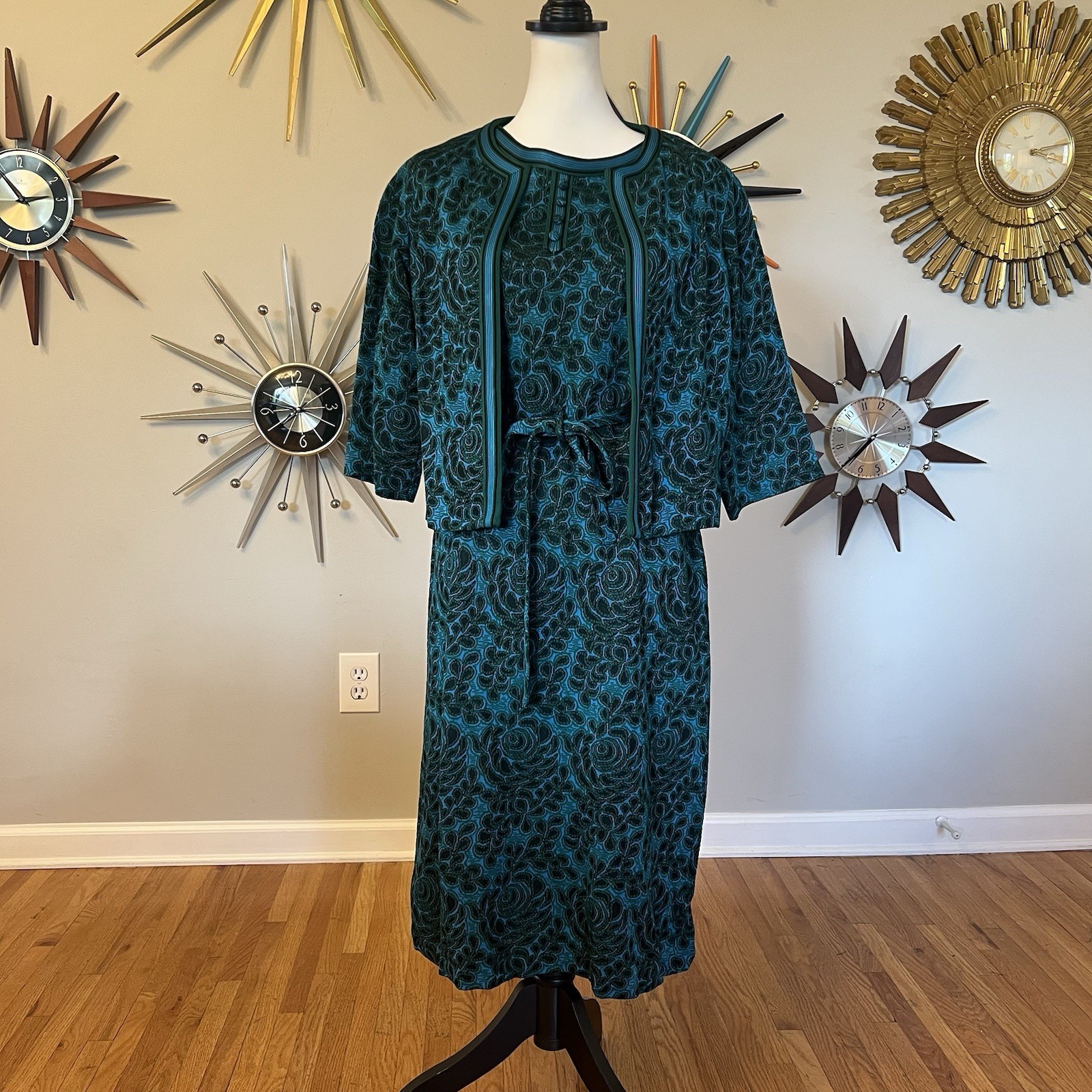 VTG Amy Adams Knits 2PC Dress and Jacket Blue Teal Green Paisley 1960s READ