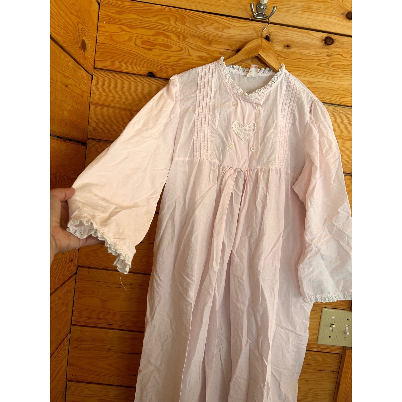 Vintage Cotton Nightgown Women Large Pink Eyelet Lace Heart Nocturne Nighty Retr