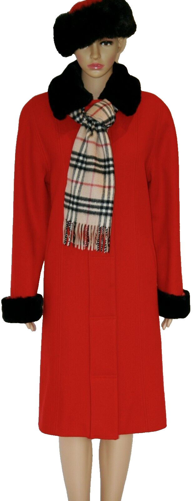 Candy Apple Red Charles Klein Midi Wool Coat w/ Black Faux Fur Collar Wms Med Lg