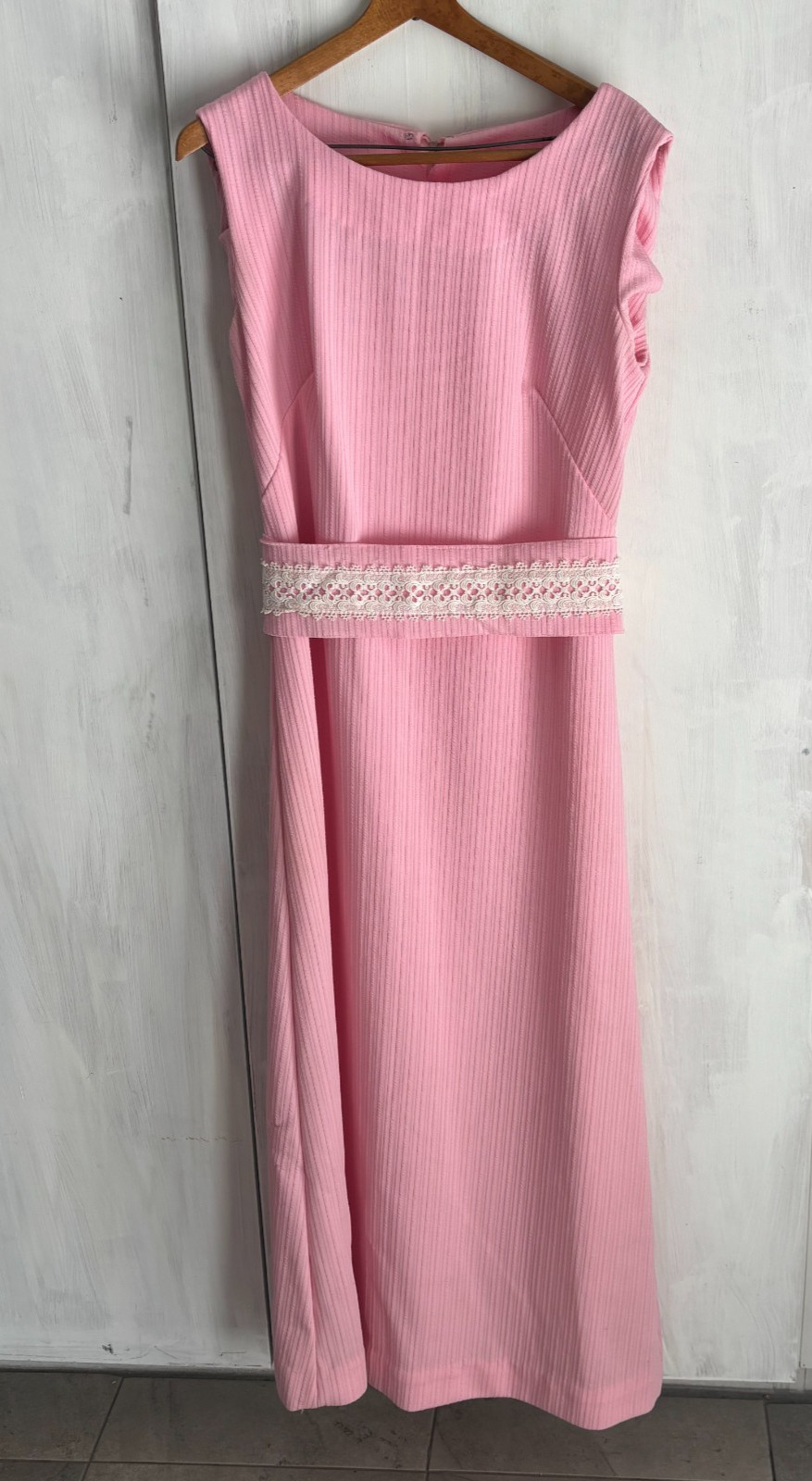 Vintage 60s 70s Pink Ribbed Mod Maxi Long Sheath Dress Crochet Lace Belt M/L