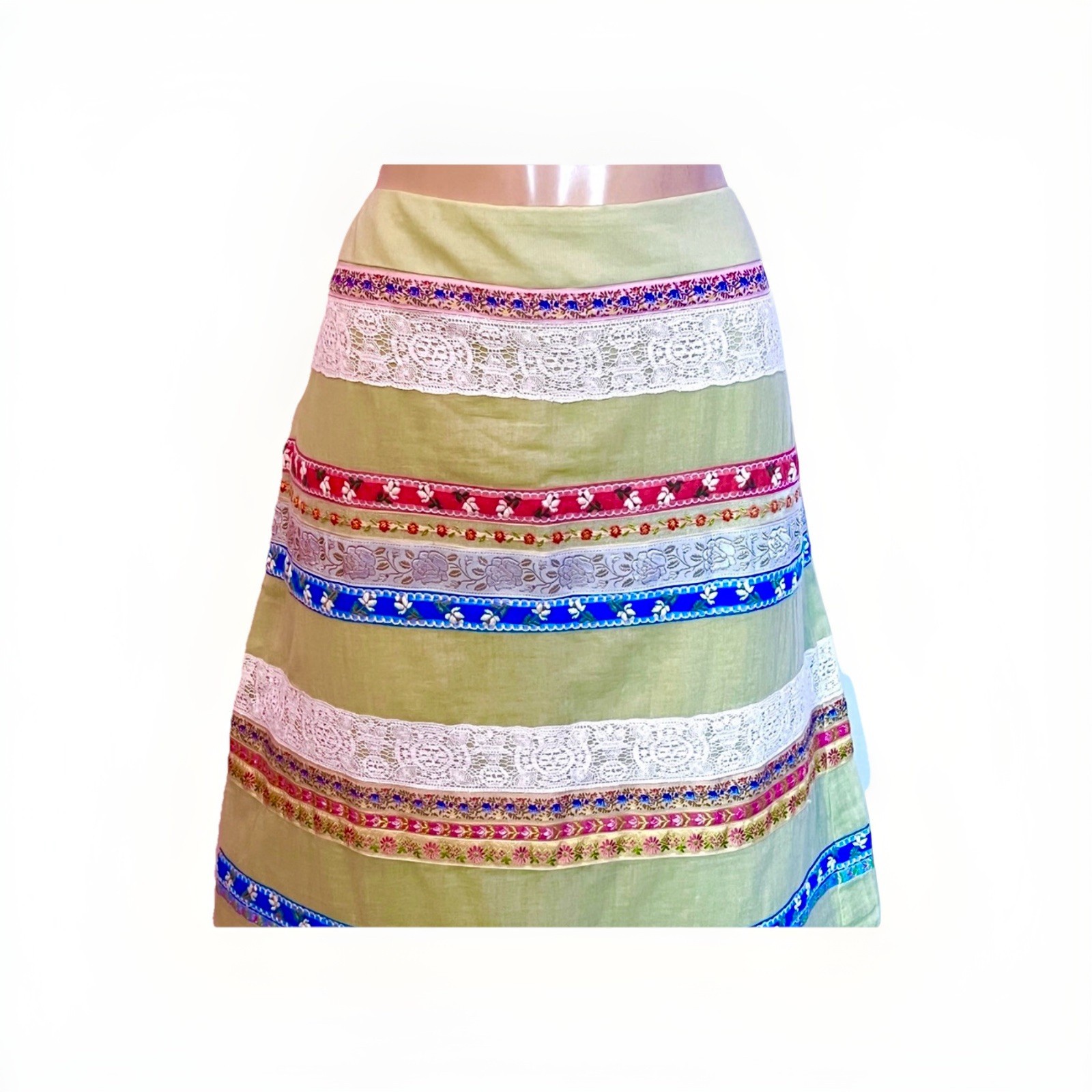 VINTAGE PAMELA BROWN GREEN MULTI EMBROIDERED A LINE FULLY LINED SKIRT 12