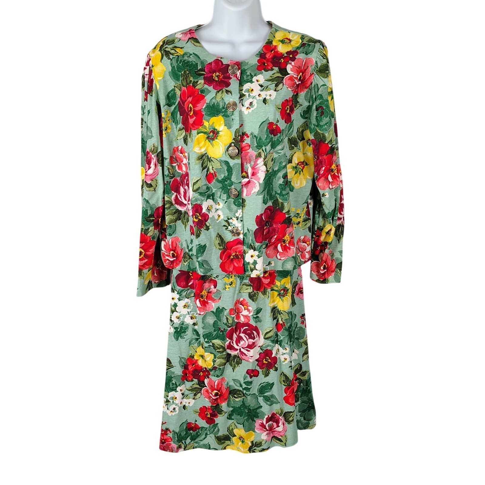 Vintage Floral 2 Piece Skirt Set Sage Green Red Yellow Made in USA romantic L
