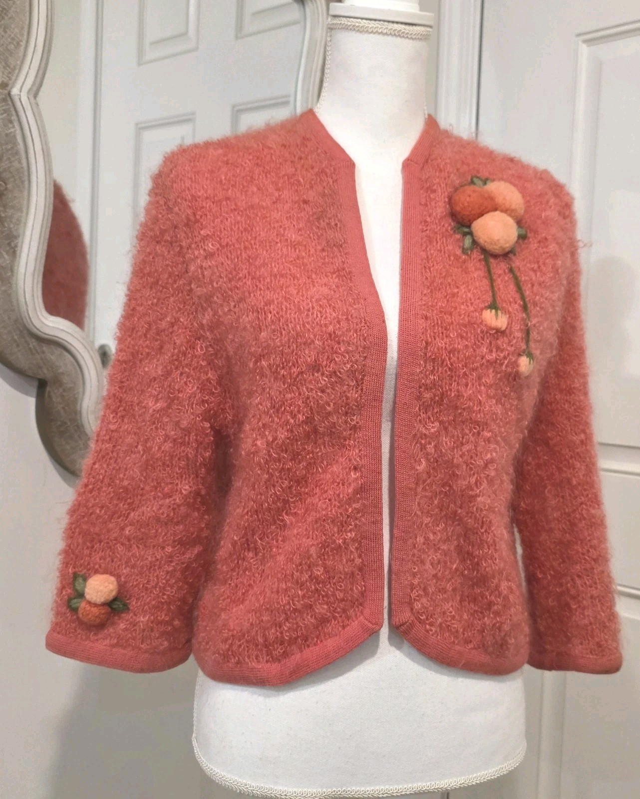 1950 Vintage Salmon Bubbly Boucle Cardigan Sweater Embroidered Pom Pom Flowers