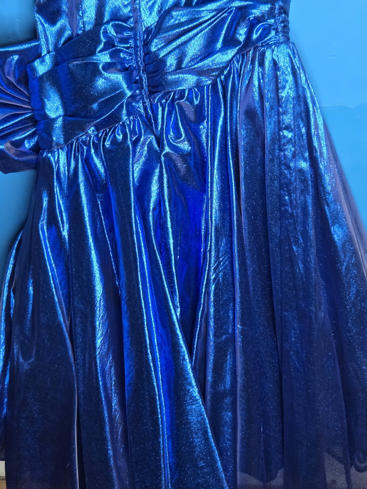 Vtg 80s Zum Zum Metallic iridescent Blue Lamé Foil Prom Party Dress Sz 4