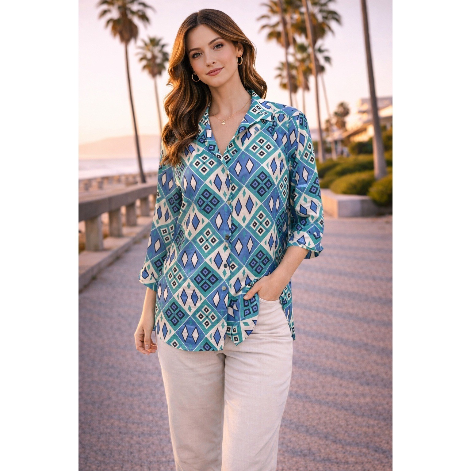 Vintage Blue Green Geometric Blouse Mod Retro Coastal Memphis Summer Resortcore