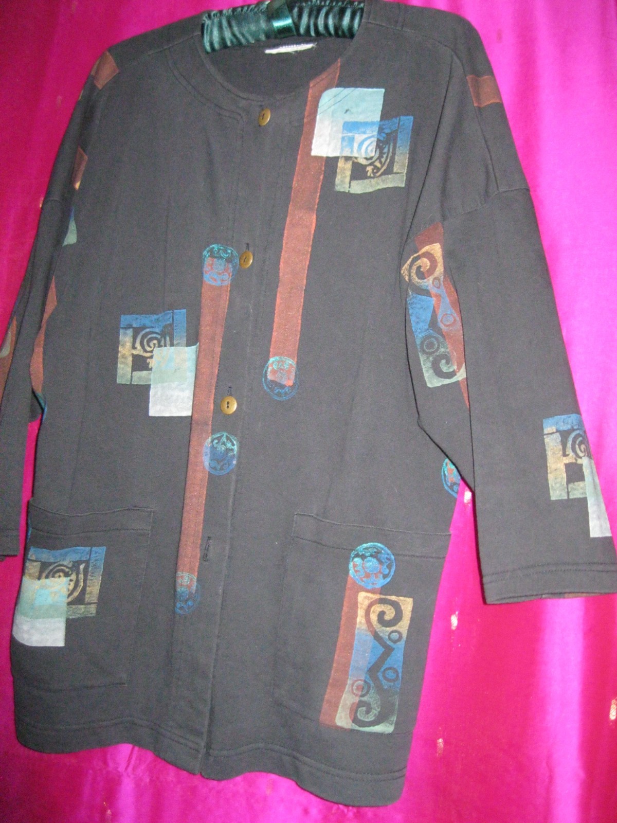 VINTAGE, BLACK COTTON JACKET, HAND PAINTED, SZ M/L, W/ FRONT POCKETS, ARTISAN