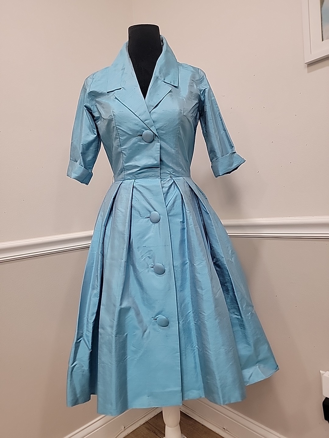 Rare VTG 50s Marie Leavell Aqua Blue Silk Shirt Dress Mid Century Boutique/Pleat