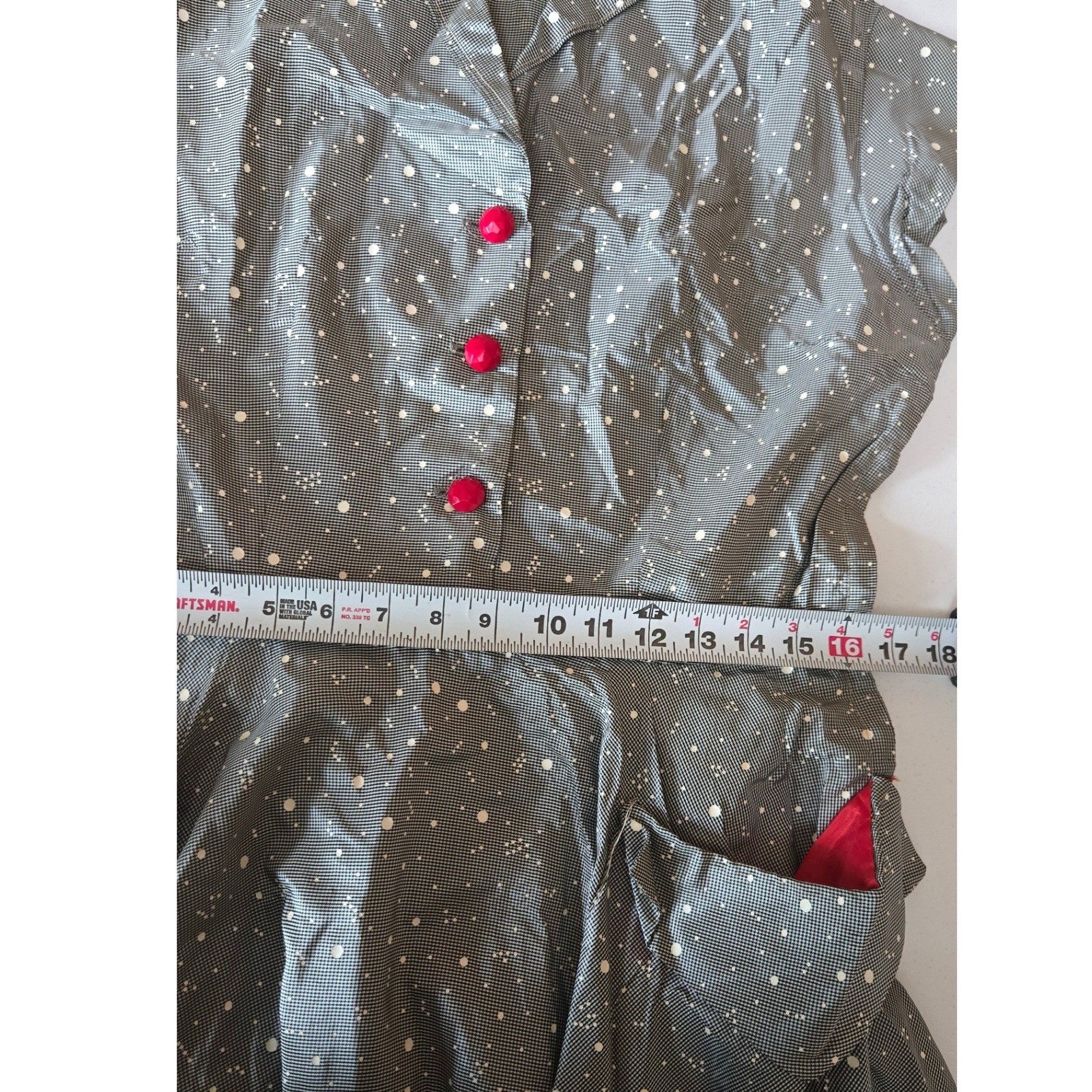 Vintage 50s Grey Atomic Splatter Dot Cotton Dress Red Lined Pockets Rockabilly