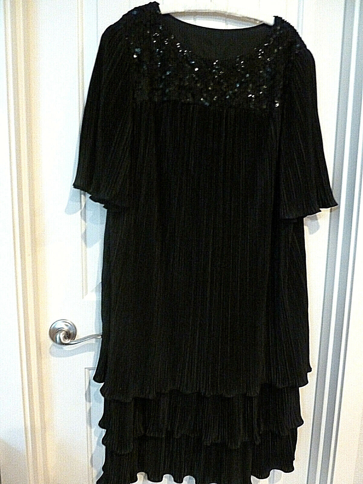 Vintage 1980s-1990s Black Dress CRYSTAL PLEATS Floating Hem Sequined lace 2X-3X