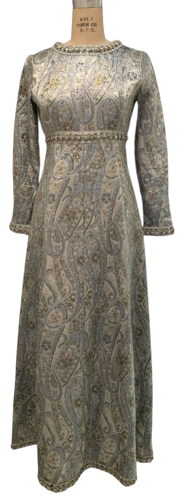 Vintage 60s/70s Women&rsquo;s Empire Waist Metallic Paisley Brocade Dress – Size XS/S