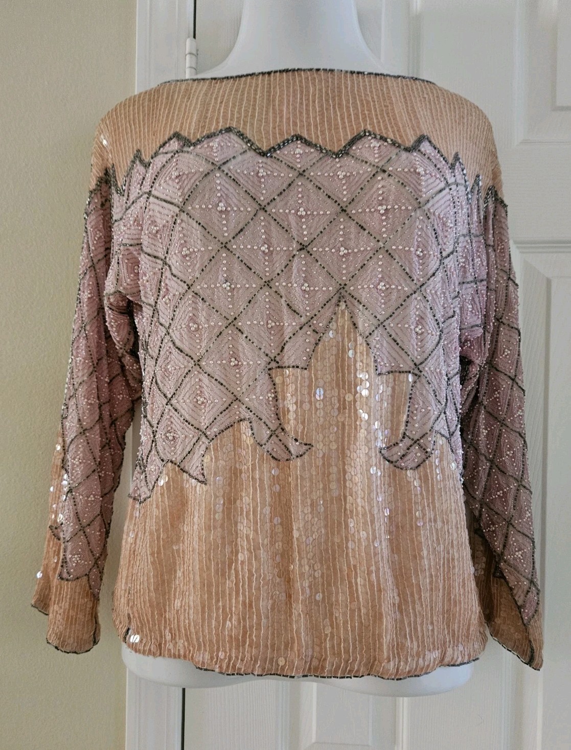 Unbranded Vintage 80s Beaded Sequin 100% Silk Formal Top Blouse Salmon Pink M