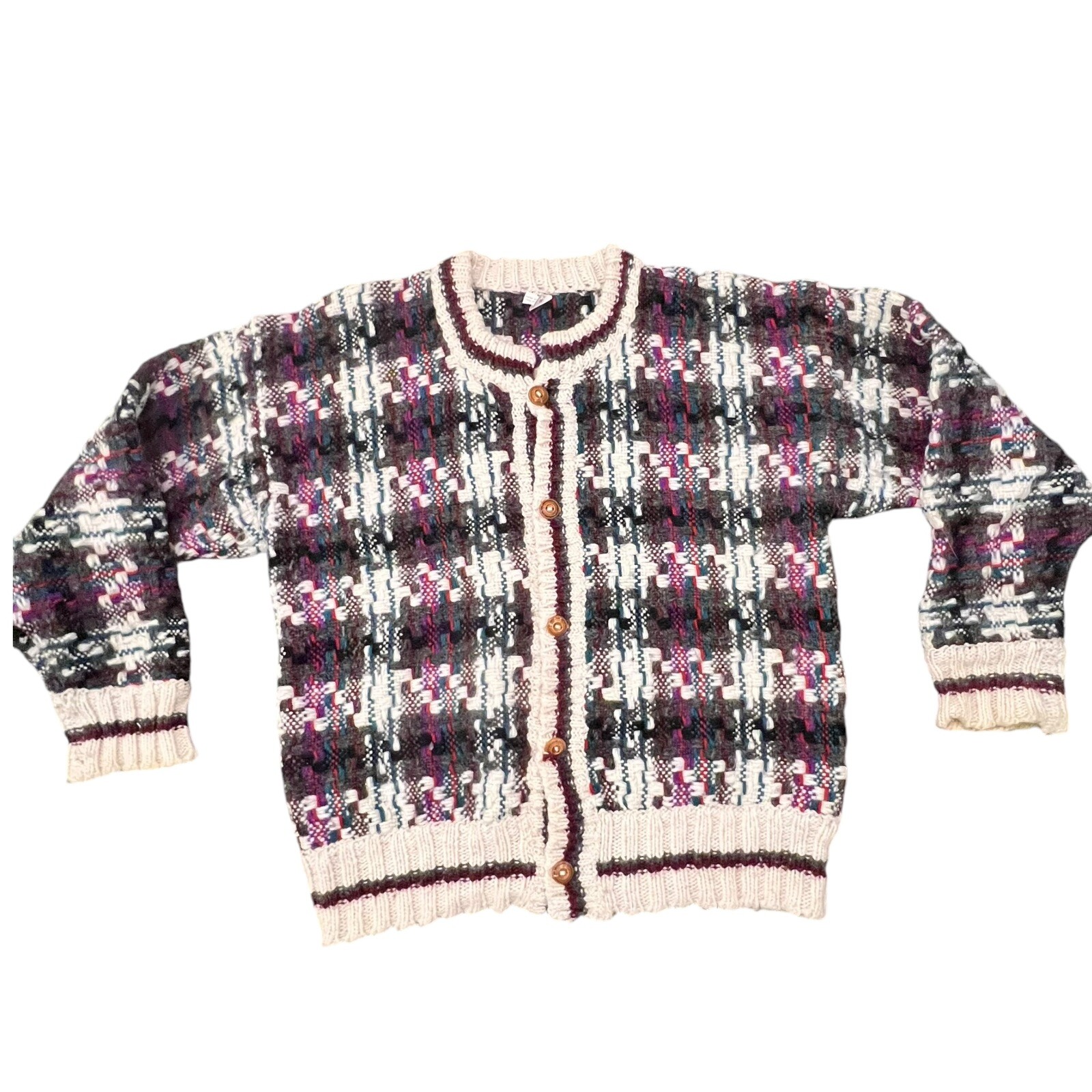 VTG Hand Made Wool Cardigan Sweater Size Large Wood Buttons Chunky Knit Plaid