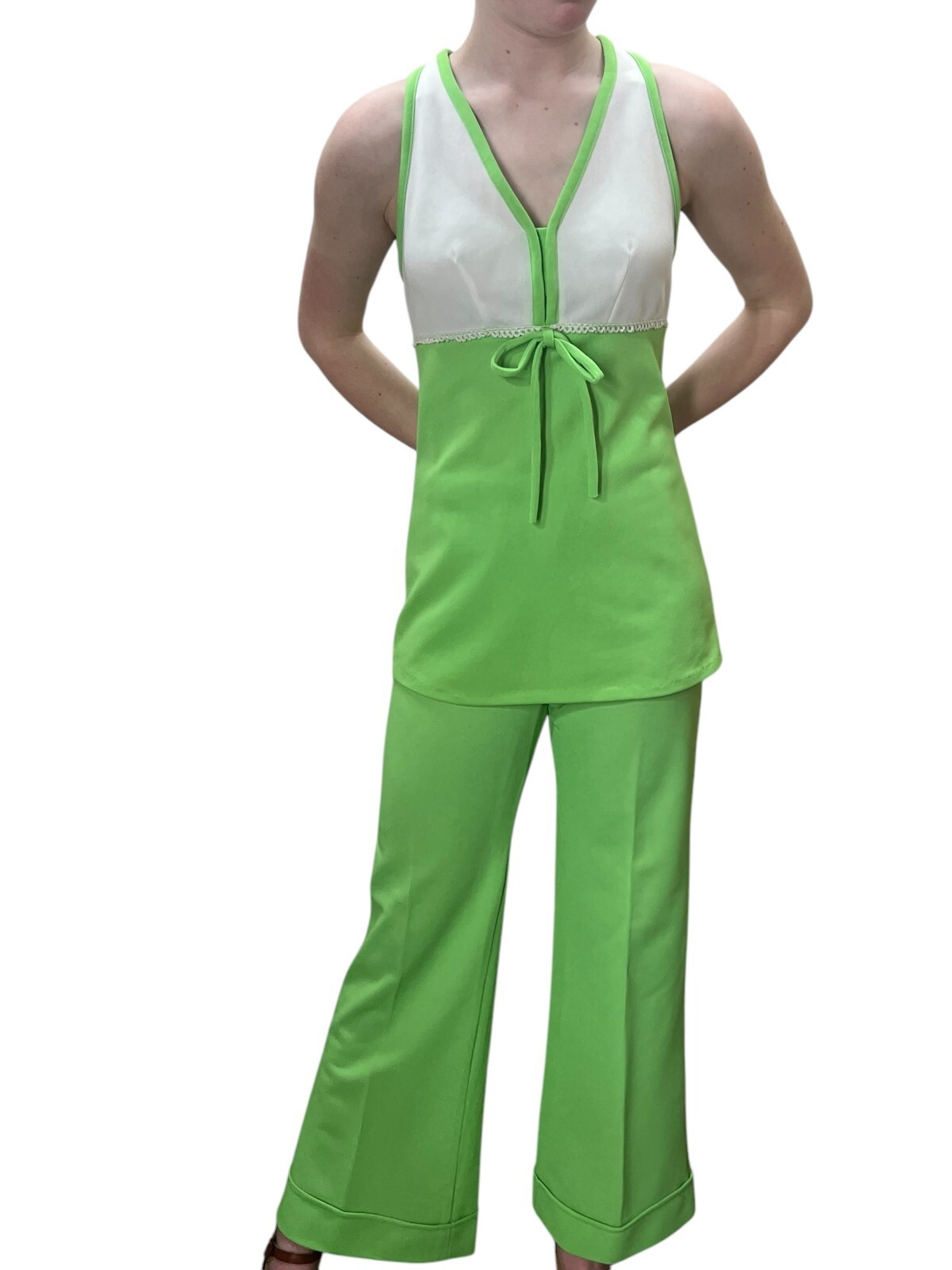 Vtg 60s S 2 Pc SET Empire Top Pants Hi Waist Bell Bottoms Flares Outfit Poly