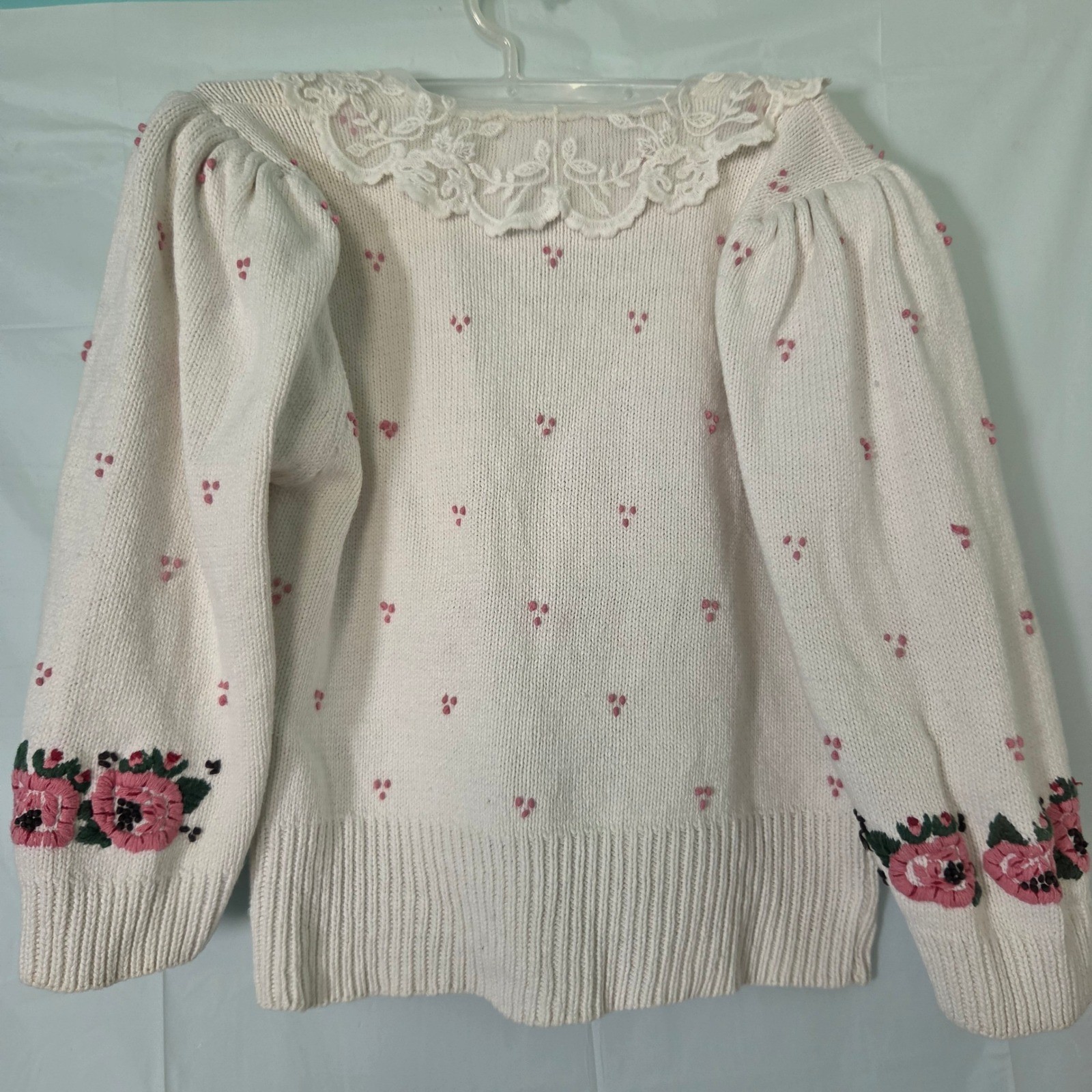 Herman Geist Vintage Hand Embroidered Floral Lace Collar Linen Cotton Sweater M