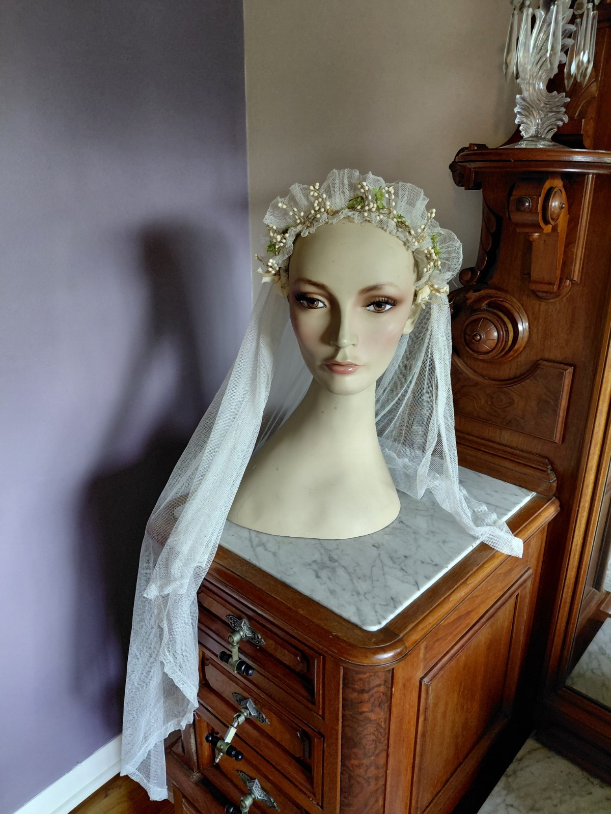 Antique Vintage 1920&rsquo;s Wedding Bridal Veil Wax Orange Blossom Buds Peach Ribbons