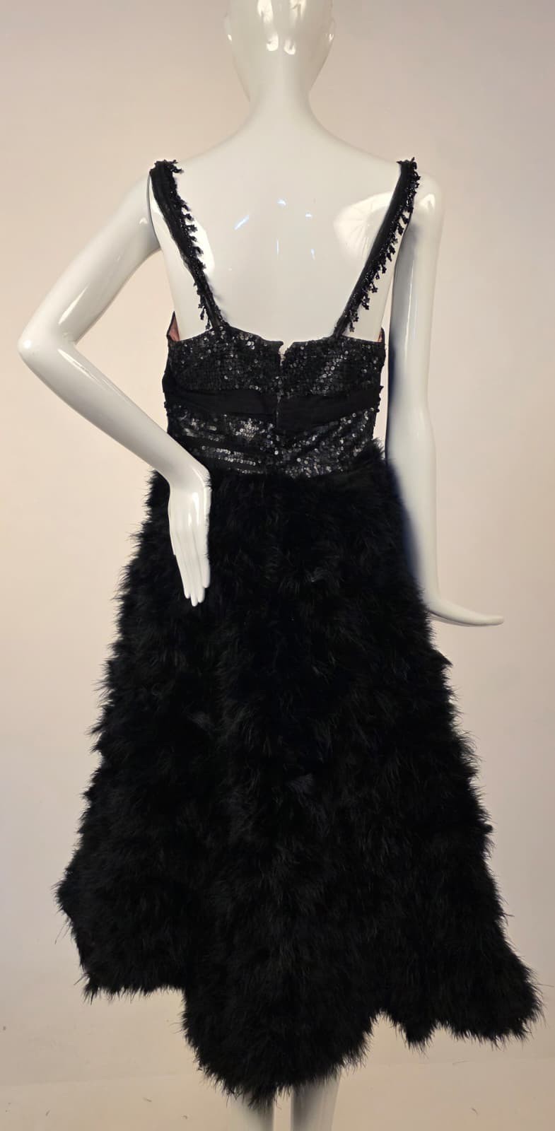 FLAPPER 1920’S SEQUIN TRIMMED DRESS W BLACK OSTRICH FEATHER SKIRT 