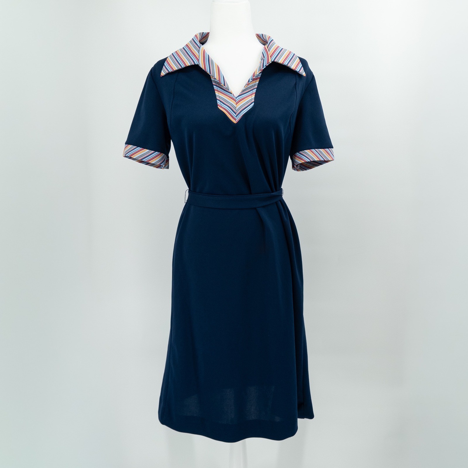 Vintage 70s Dress Womens L Navy Blue Striped Colorful Hippie Mod Disco Retro