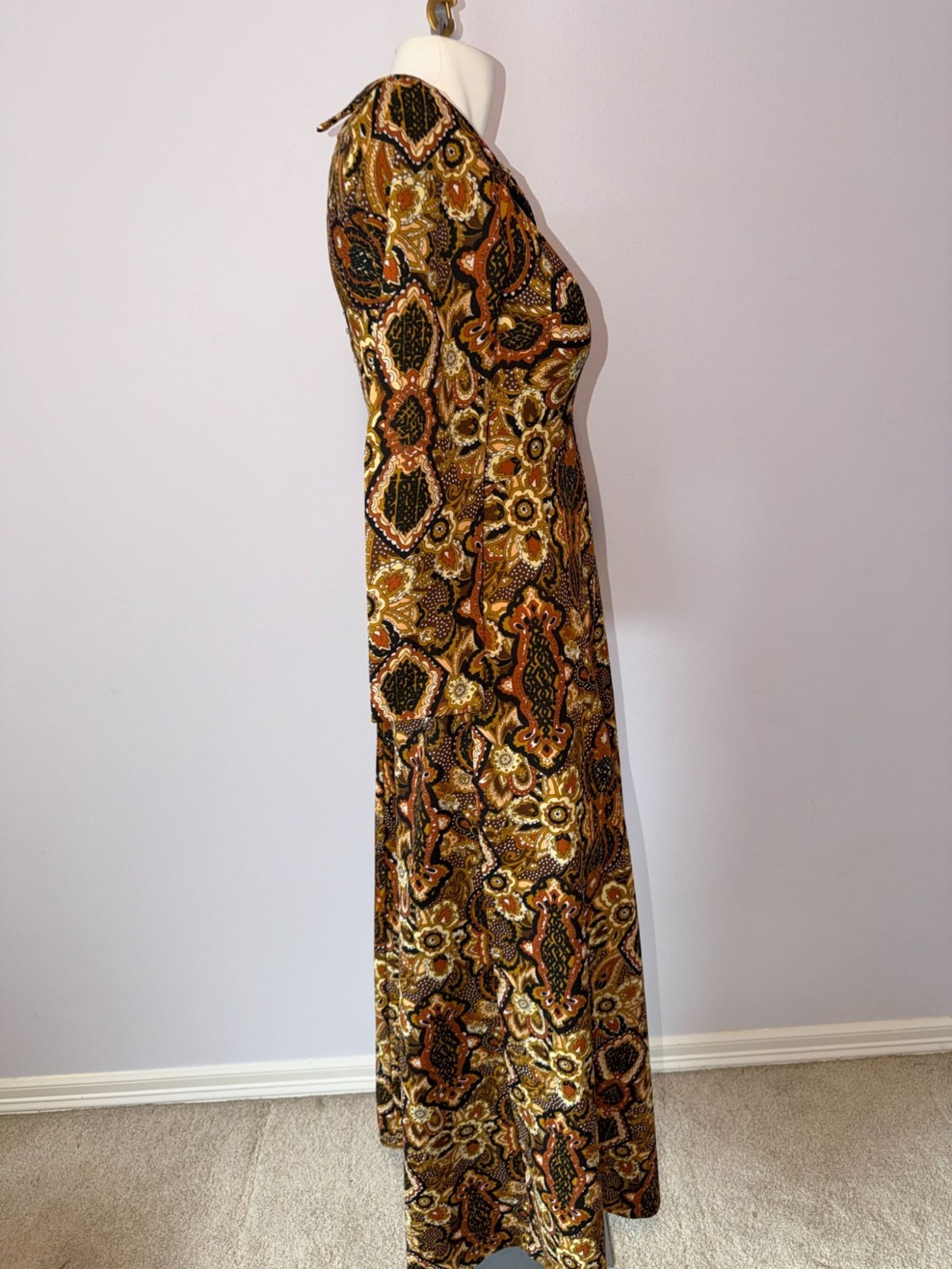 Vintage 70s Boho Psychedelic Paisley Floral Maxi Dress Earth Tones Medium Hippie