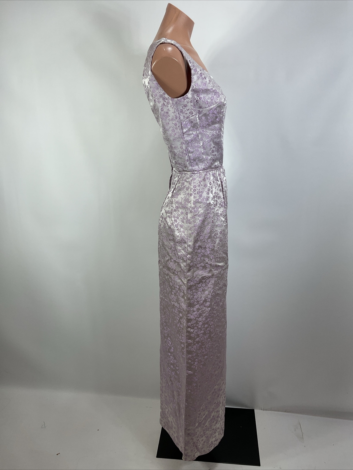Vintage 40s Purple Jacquard Floral Metallic Formal Cocktail Dress Slit S/M