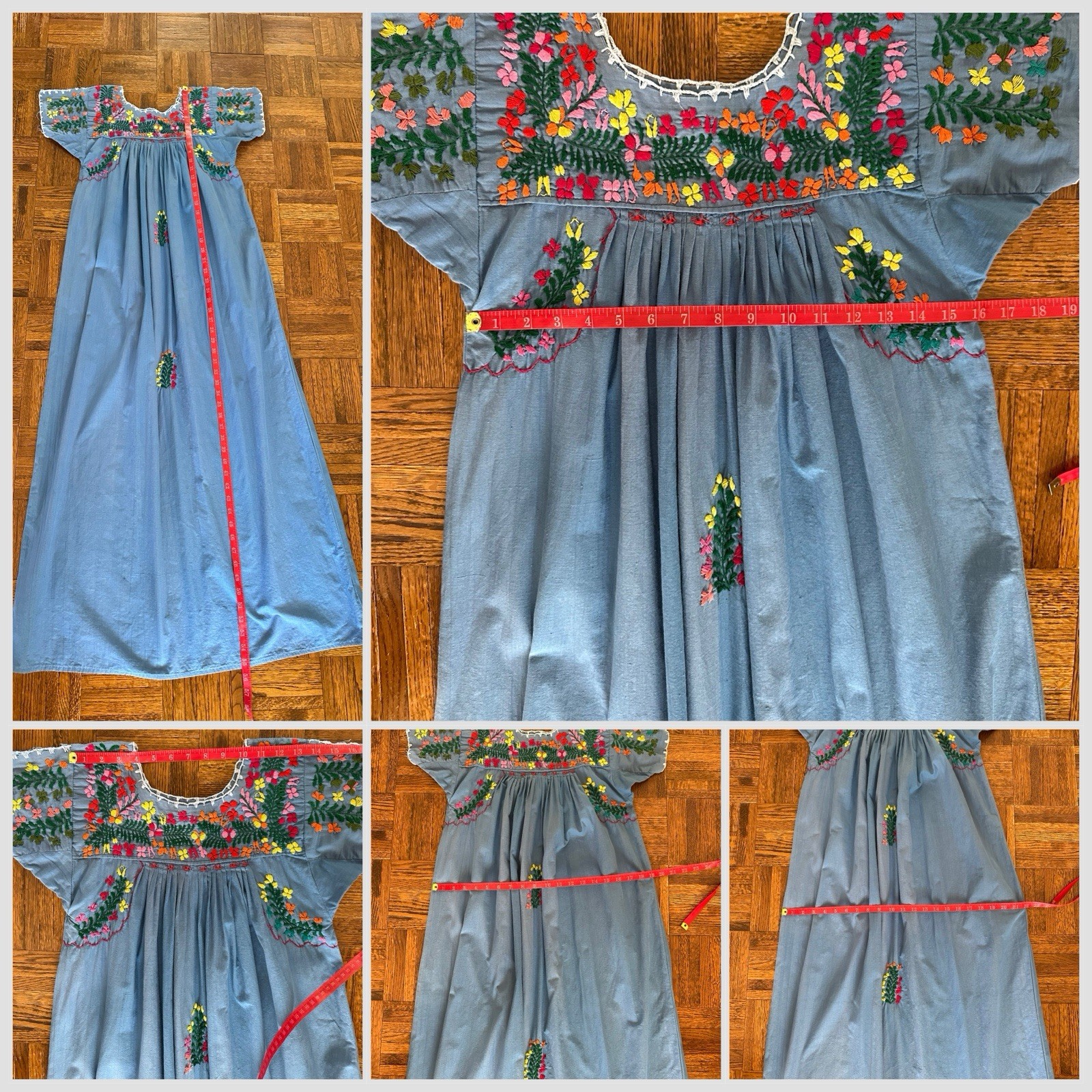 1970s Blue Cotton Oaxacan Mexican Huipil Dress Embroidered Floral Maxi Sz S VTG