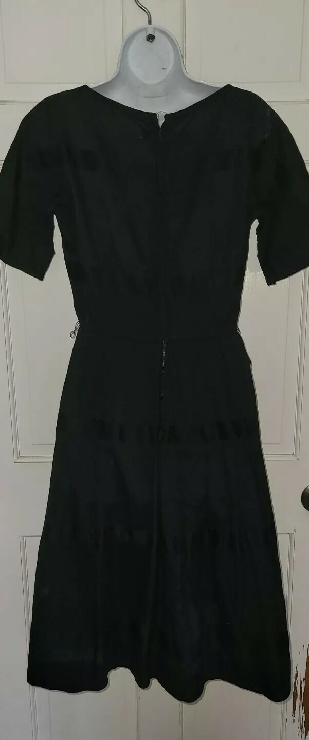 L&rsquo;AIGLON Black Linen Full pleated pocket Skirt Dress S Vintage 60s