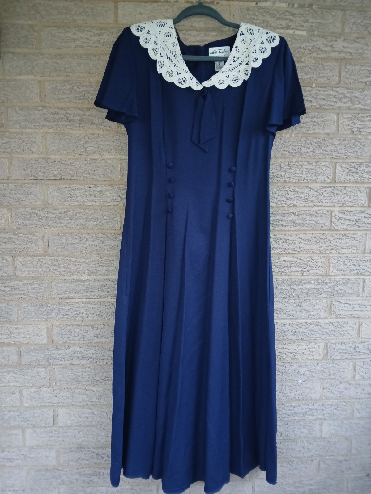 Vintage Navy Blue Prairie Maxi Dress Lace Collar Size 14 CottageCore