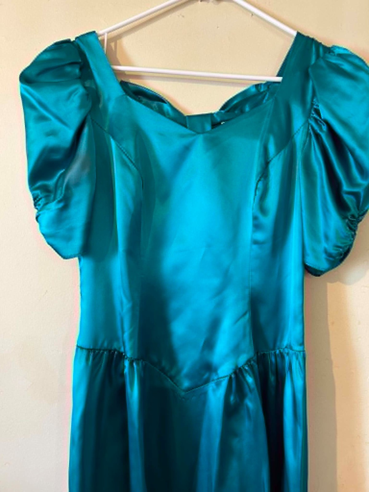 Vtg 80s Teal Acetate Liquid Satin Prom Dress Open Back Bow Puff Sleeve USA Sz 12