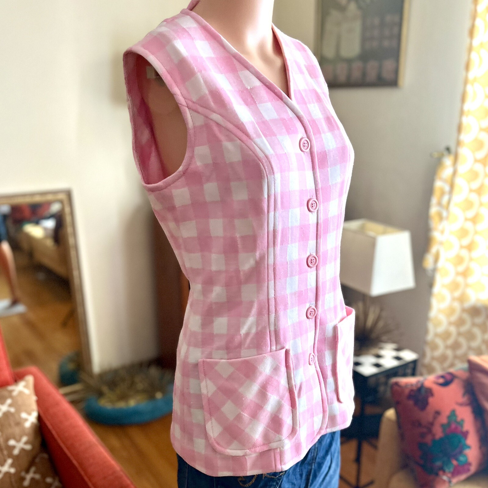 Vintage 1970s Pink & White Gingham Sears Vest