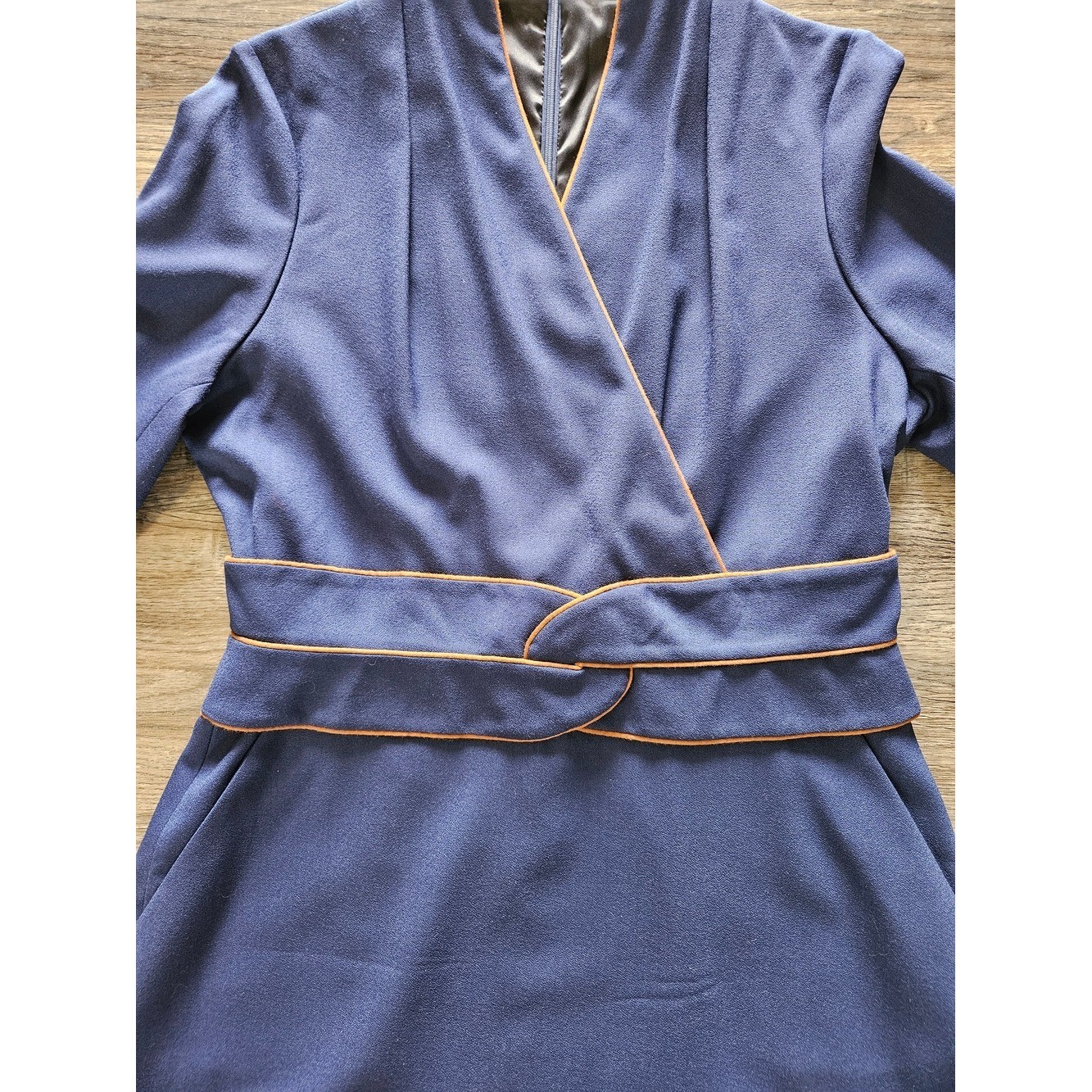 Rare THE FOLD London Virgin Wool Navy Blue w/ Copper Neck Line & Belt Trim Dress