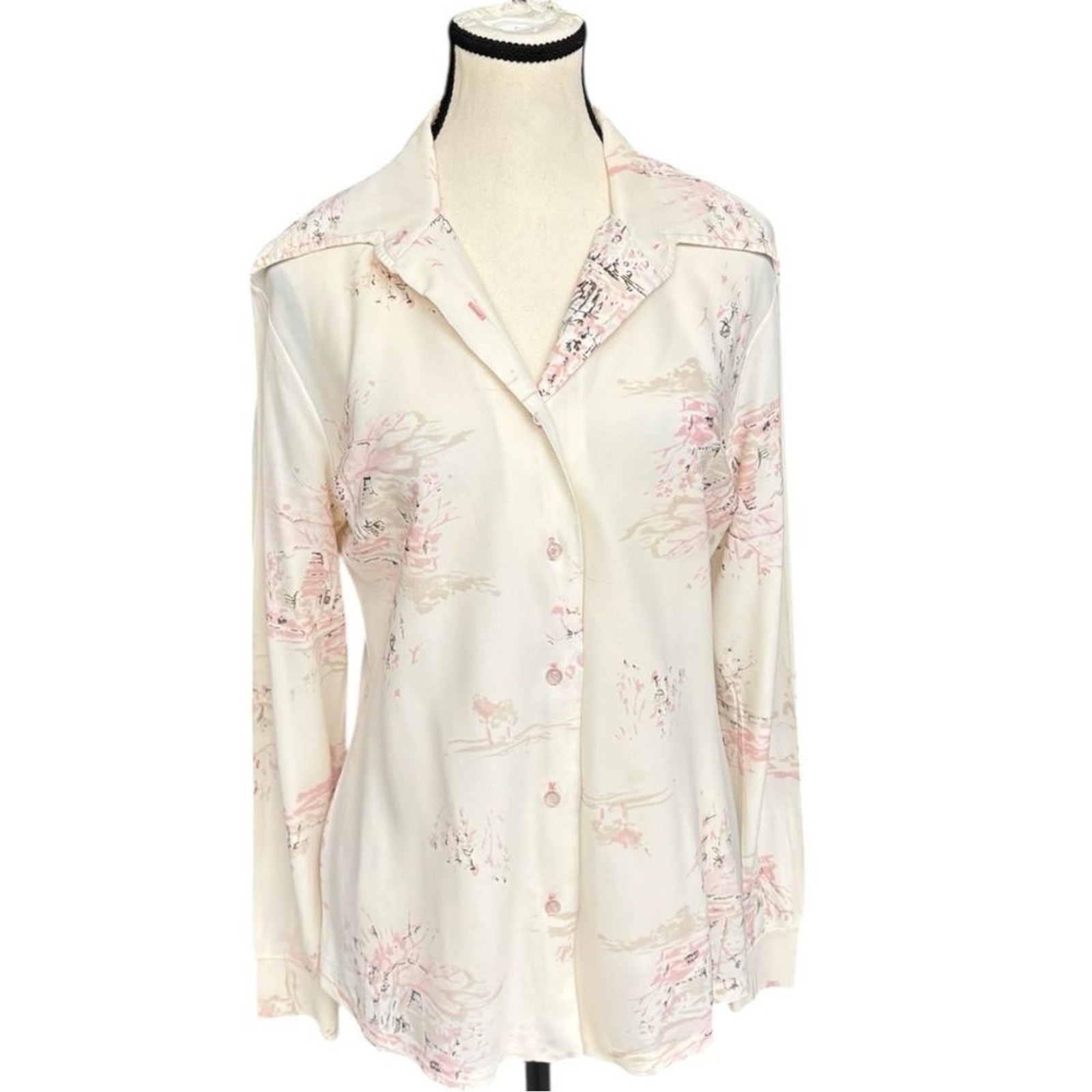 Queen Casuals Ivory Pink Abstract Print 70s Dagger Collar Button-Up Blouse