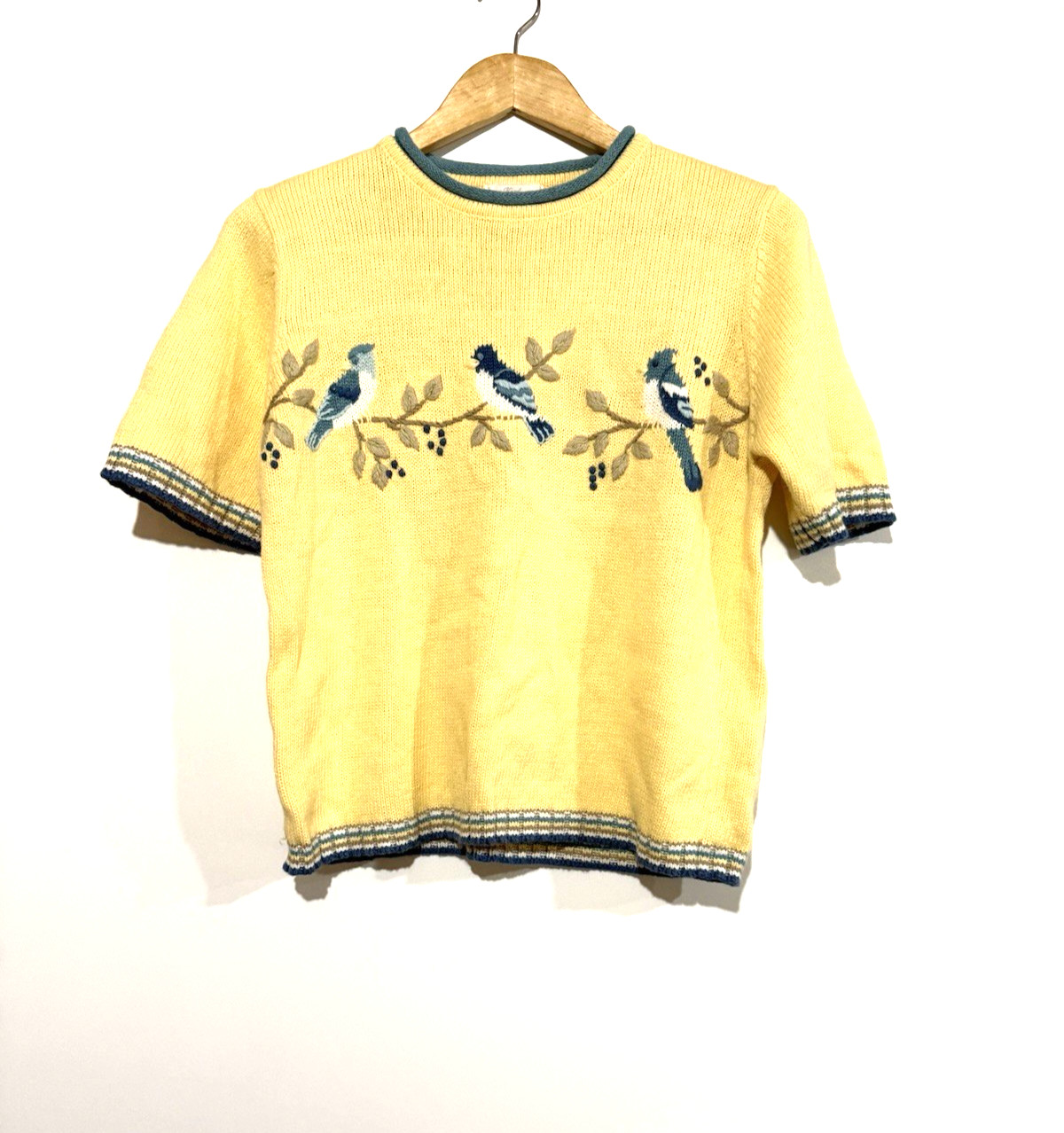 Vintage Y2K Summer Knit Sweater Short Sleeve Woman S Birds All Over Print Granny