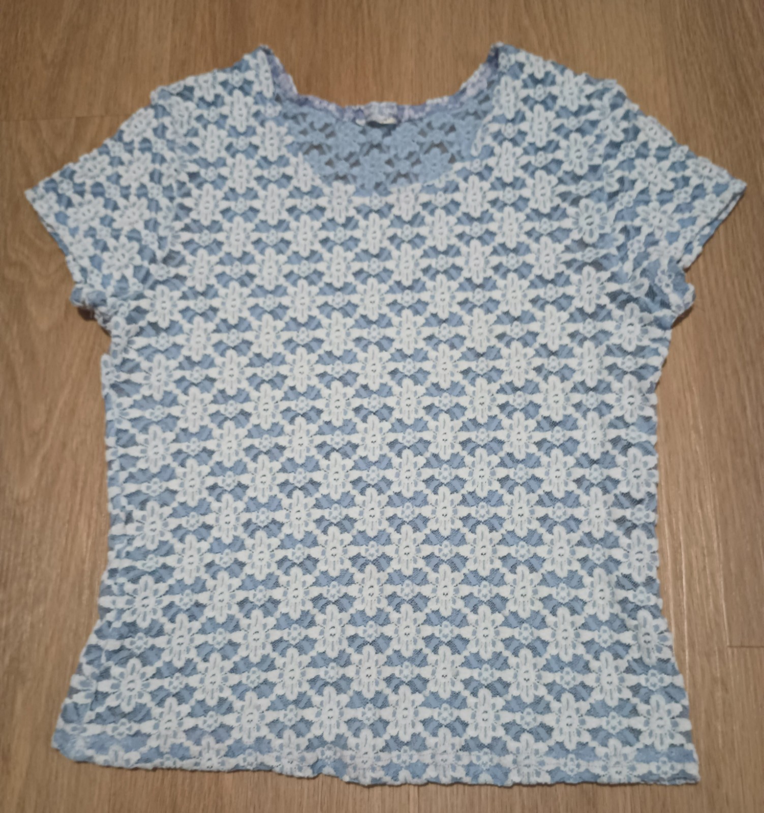 Vtg 70s Stretchy Sheer Crochet Floral Knit Powder Blue MOD Top T Shirt Blouse XS