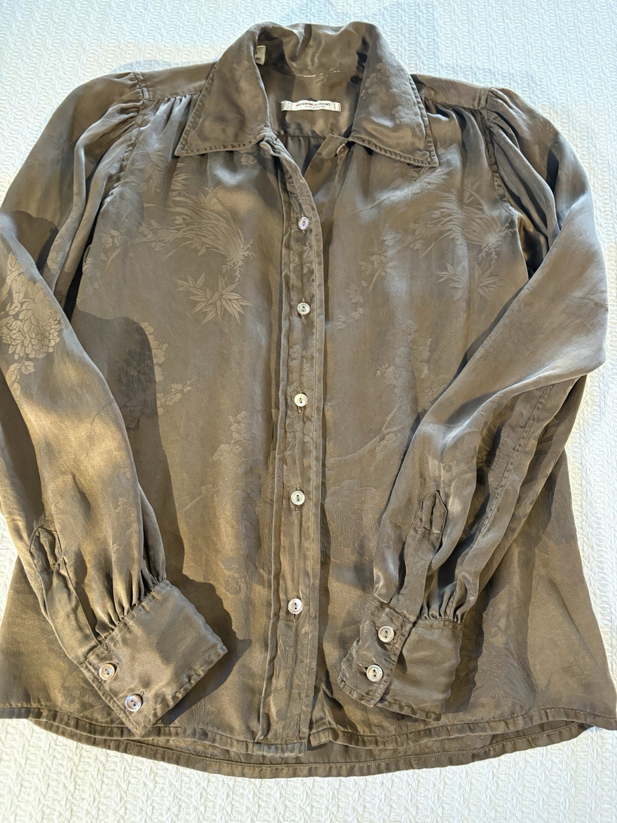 Vintage 70s 80s YSL Saint Laurent Bronze Silk Blouse Disco Louche Glam Classic M