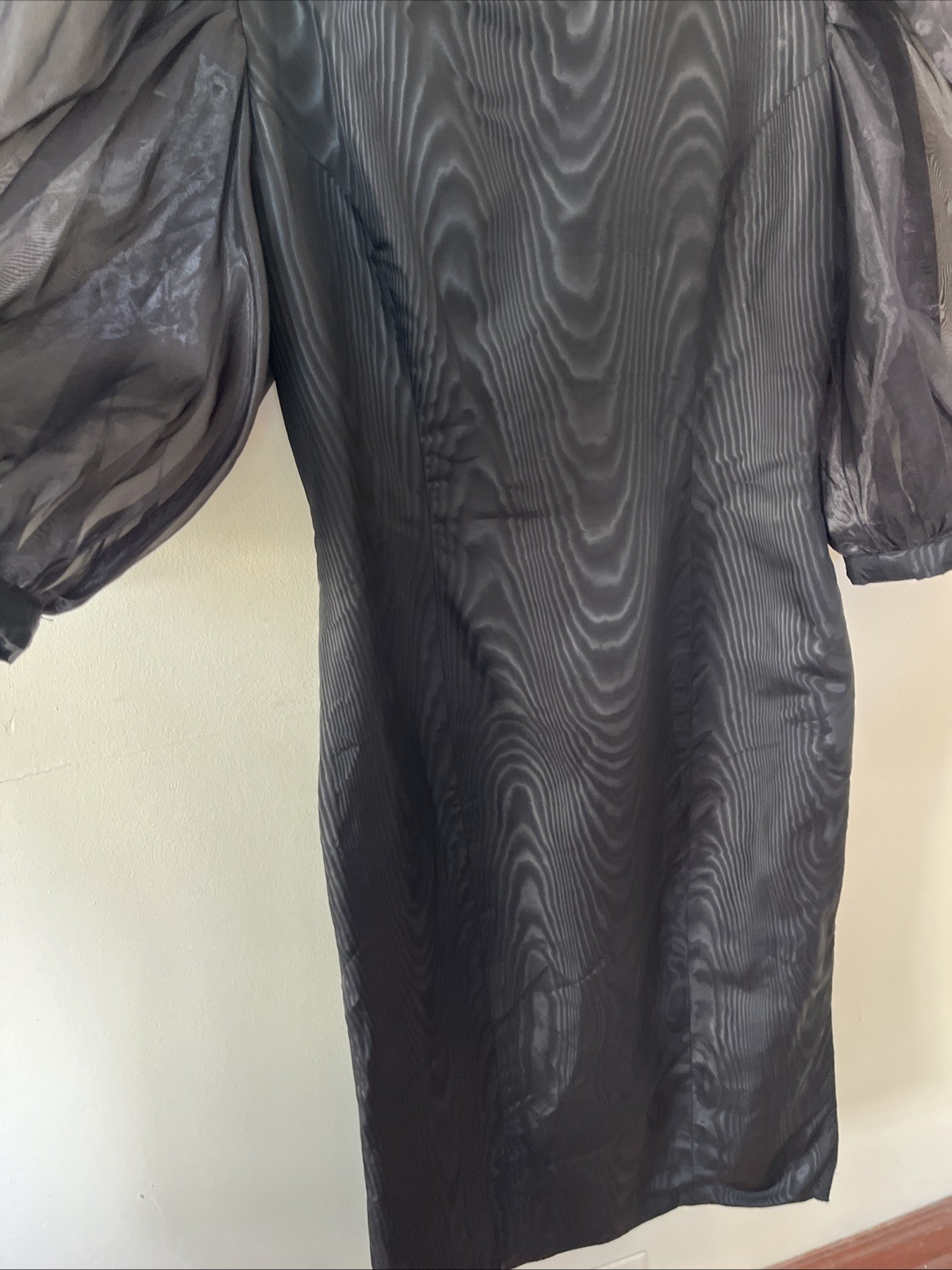 Vintage 1980s L Square Neck Low Back Large Puff Sleeves Taffeta Midi Dress