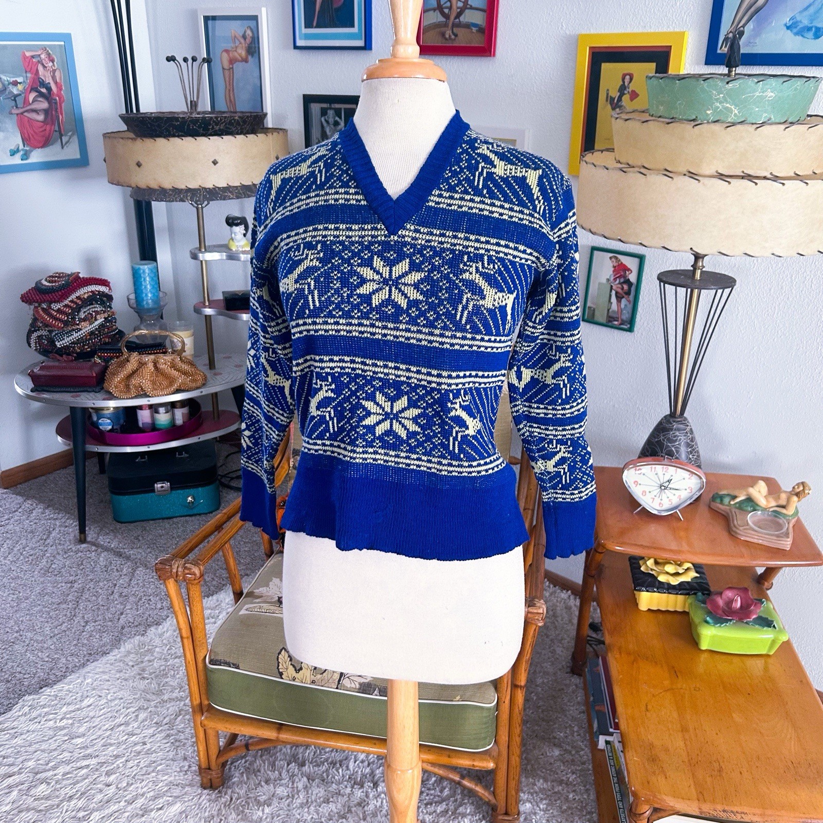 Vintage 1940s Sweater | Deer | Ski | Novelty | Blue | Wool | S M | 40s l Unisex