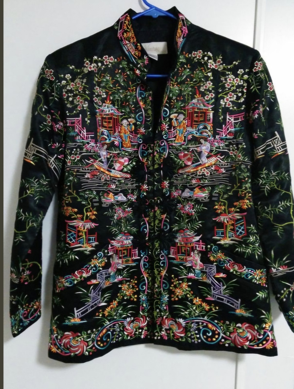 Vintage Silk Cotton Embroidered Jacket Black Multicolor Size 2