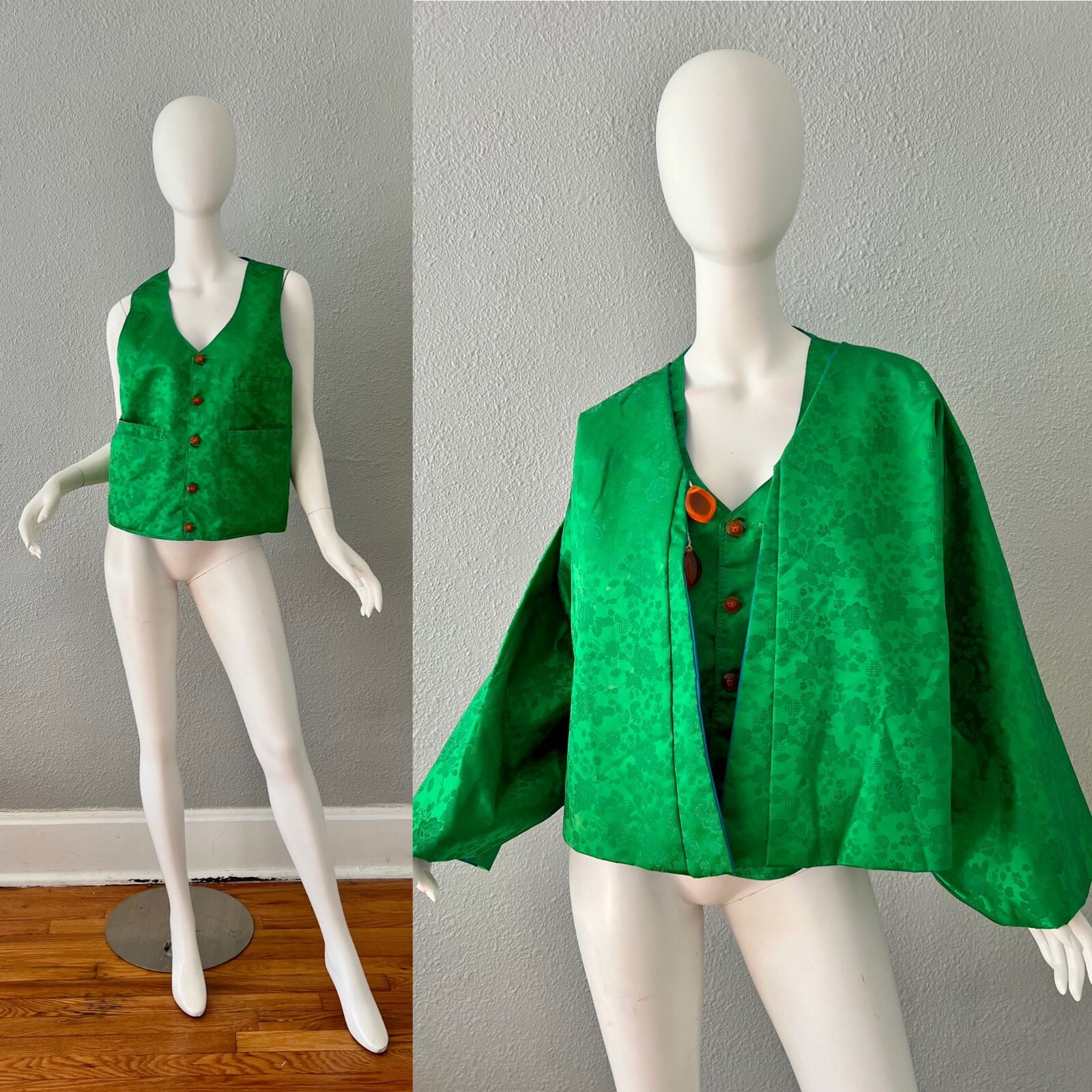 Vintage 60s Green Asian Oriental 2 Pc Vest Suit Jacket Set L