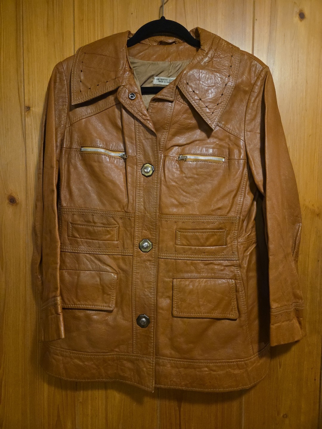 Vintage Retro 60s 70s Genuine Leather Size 14 Funky Brown Button Up Coat 17×26.5
