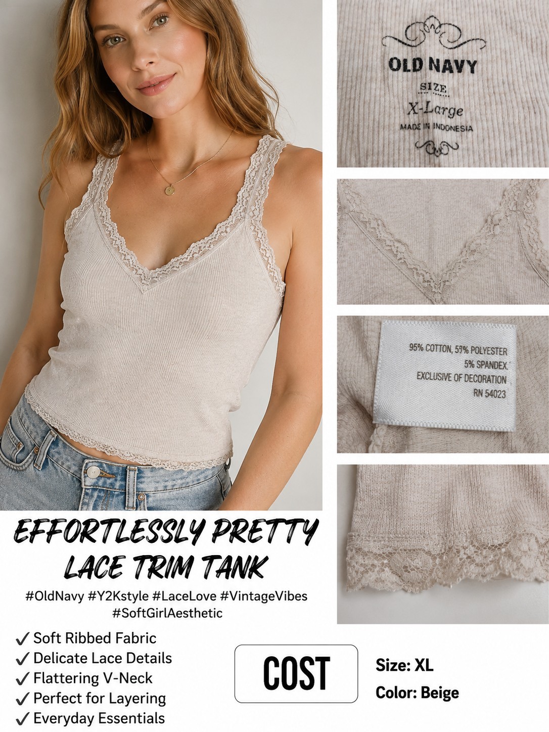Old Navy XL Beige Lace Trim Ribbed Tank Top Y2K Soft Girl Layering Cami Vintage