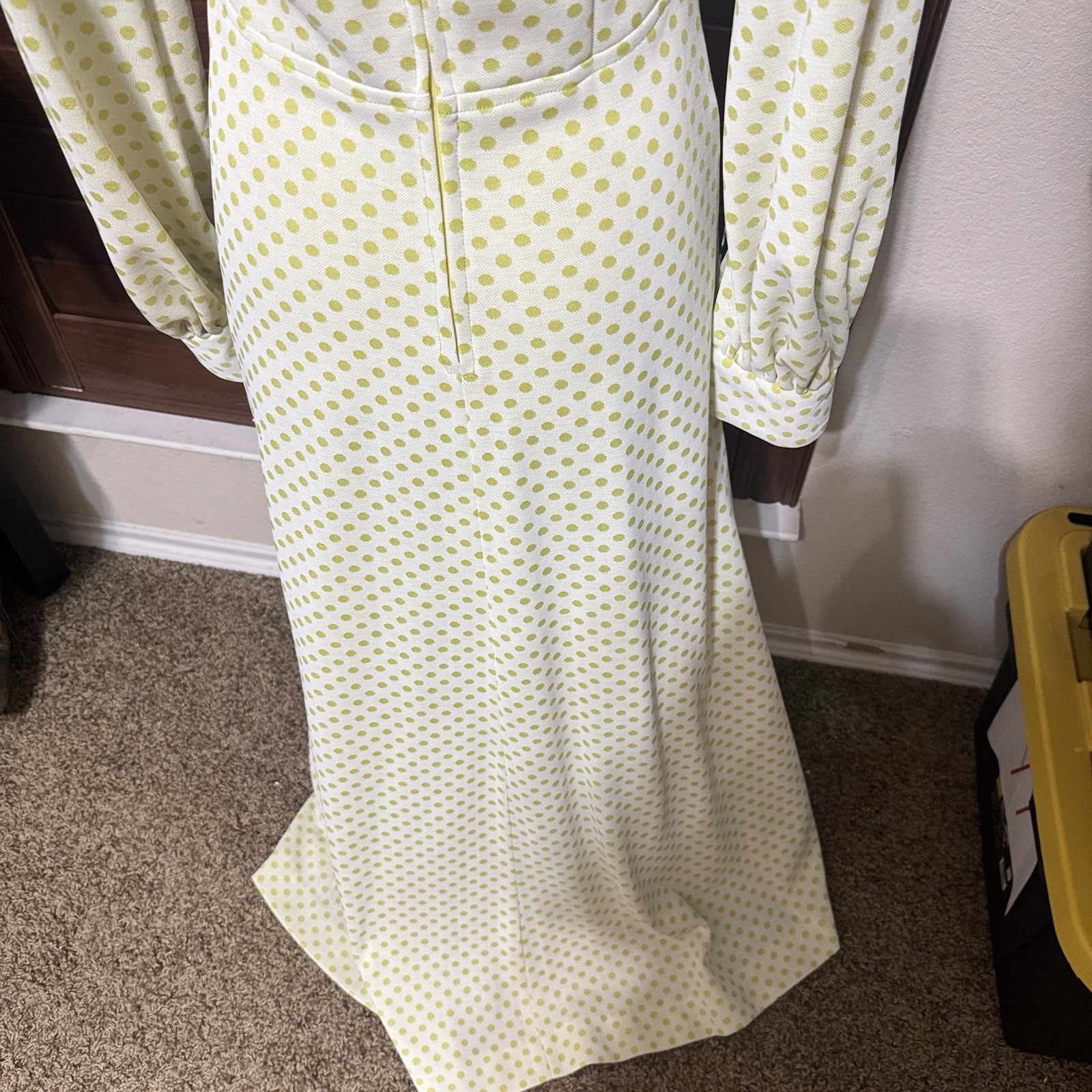 Vintage Maxi Dress 70s Yellow Polka Dot Homemade Prom Dagger Collar Mod Sz M