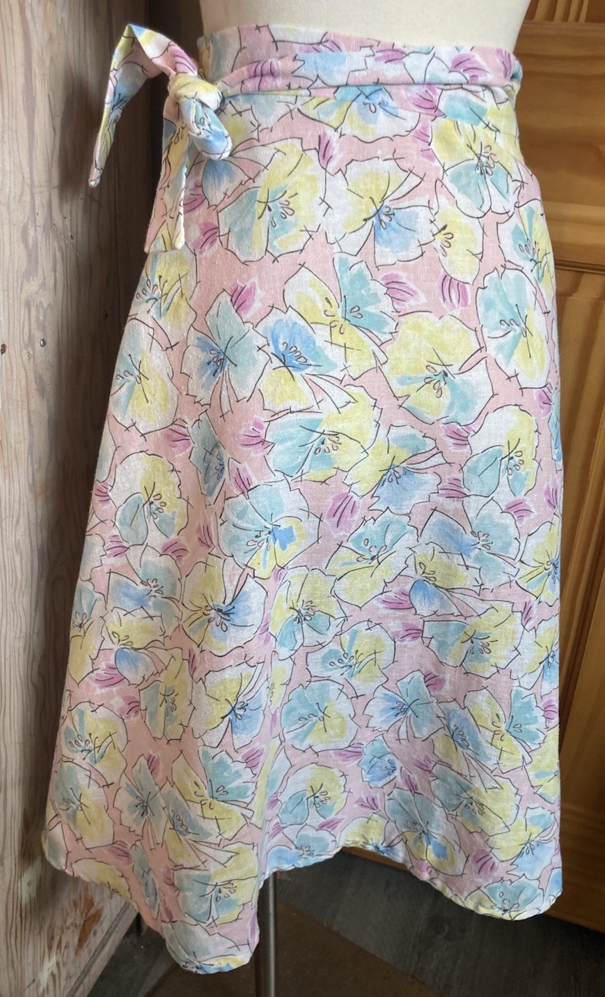 70s Vintage Handmade High Waisted Wrap Skirt S/M Linen Cotton Pastels Floral EUC