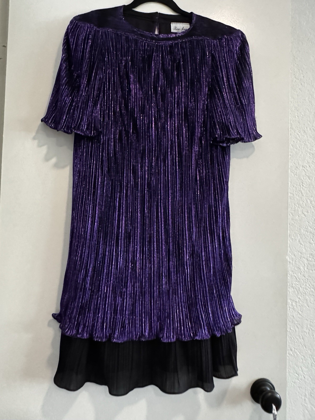 Risa Ann New York Purple Pleated Dress – Vintage Shimmer, Black Chiffon Hem