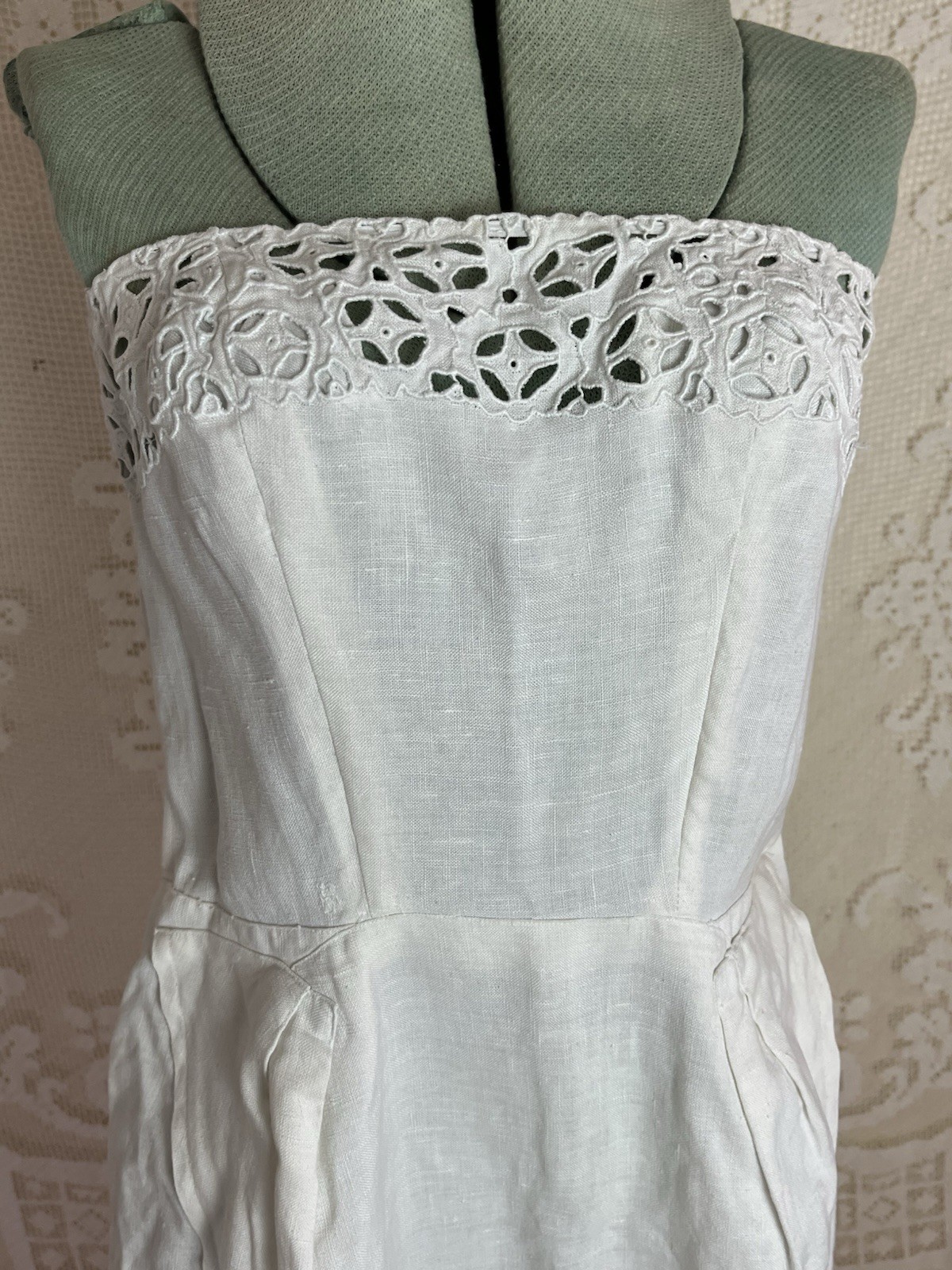 Vintage 1940s White Linen Strapless Dress Cutwork Summer Formal Wedding 40s