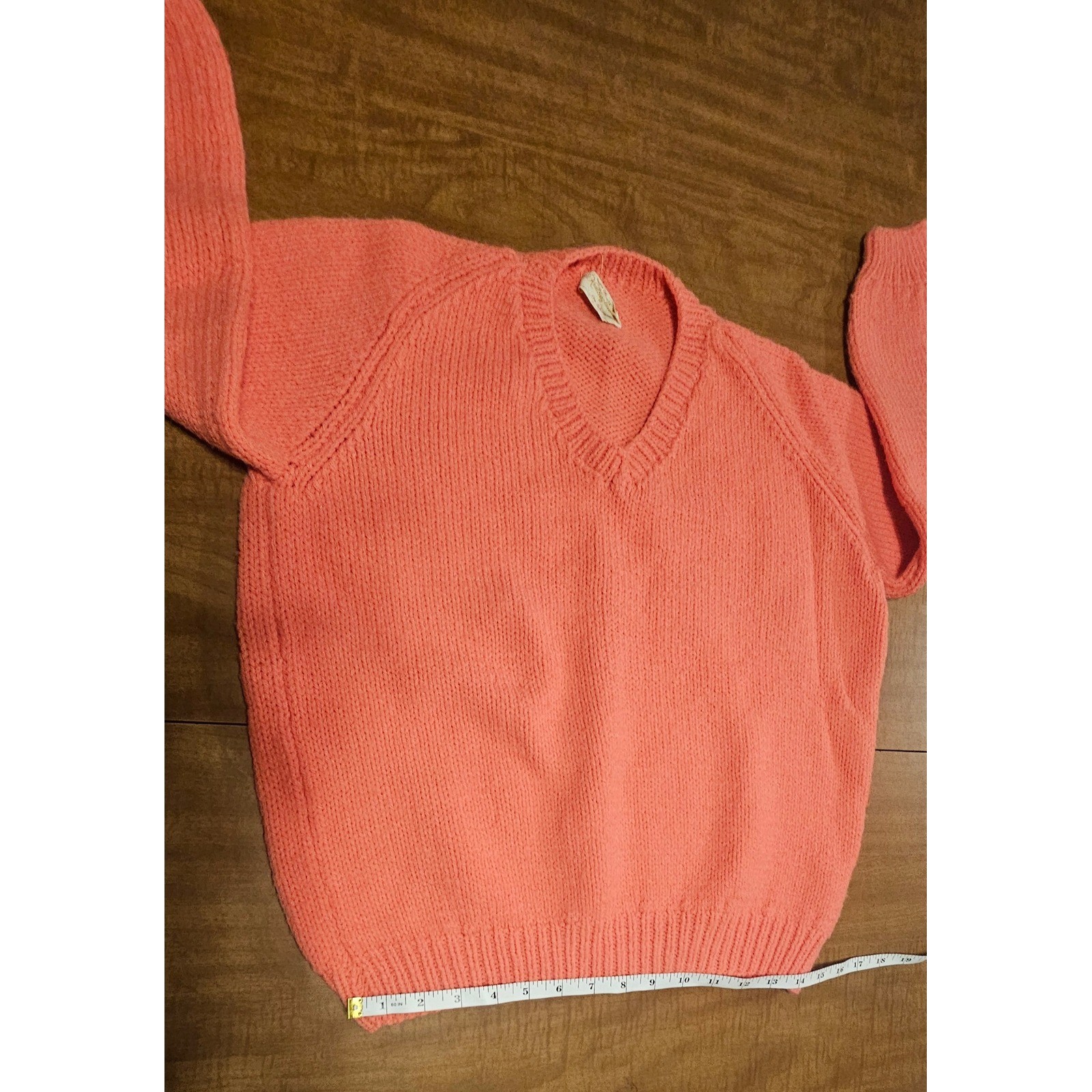 Vintage Homemade 80s Peach Orange Shaker Knit Sweater V-Neck M L K