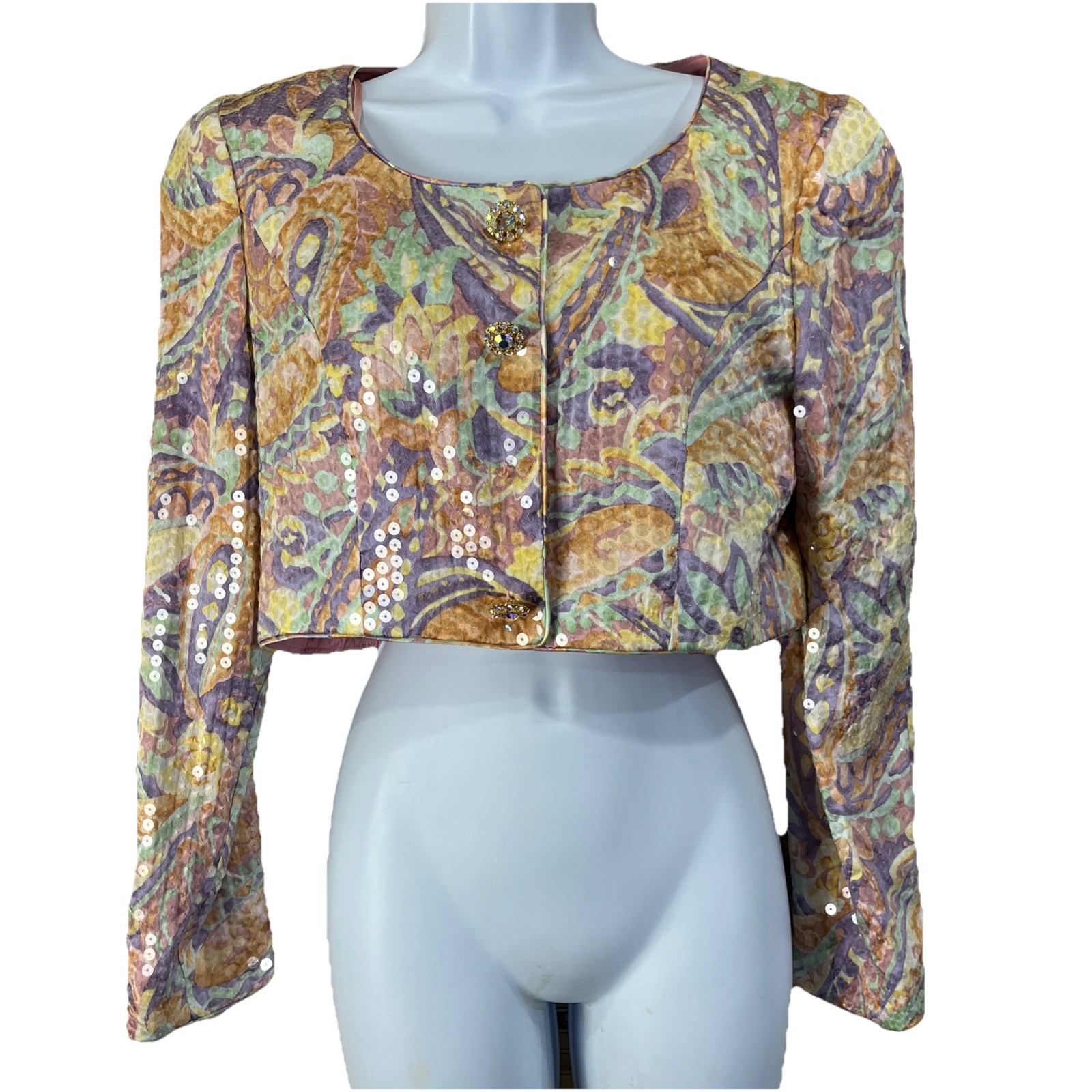 Vintage A.J. Bari Jacket Womens 8 Multicolor Silk Paisley Sequin Cropped Jeweled